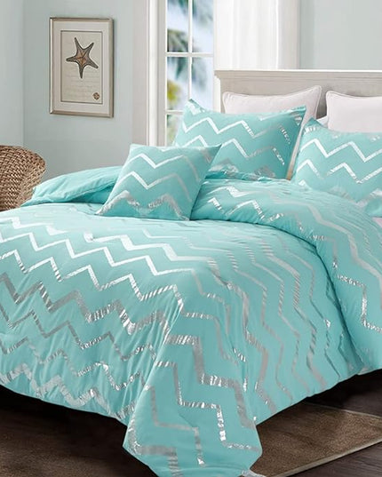 Aqua Comforter Set Queen Size Metallic Teal and Silver Bedding Set, 4 Piece Lightweight Microfiber Bed Set for Teen Girls Women (2 Pillow Shams + 1 Decorative Pillow Sham) - LeafyLoom