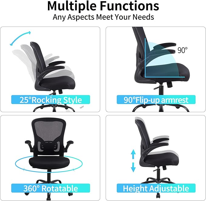 Ergonomic Office Desk Chair Breathable Mesh Swivel Computer Chair, Lumbar Back Support Task Chair, Office Chairs with Wheels and Flip-up Arms,Executive Rolling Chair - LeafyLoom