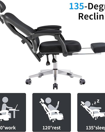 Ergonomic Office Chair with Footrest | Adjustable Lumbar Support, Reclining Desk Chair with Leg Rest, Comfortable Mesh Computer Chair for Home & Office (Black) - LeafyLoom