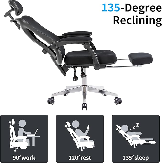 Ergonomic Office Chair with Footrest | Adjustable Lumbar Support, Reclining Desk Chair with Leg Rest, Comfortable Mesh Computer Chair for Home & Office (Black) - LeafyLoom