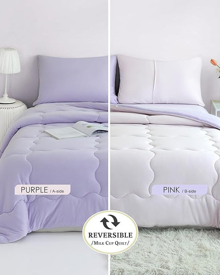 COTTEBED Reversible Softness Pink Purple Twin Comforters Sets for Girl Kids College Dorm, Cute Jersey Knit Lightweight Breathable Fluffy Cozy Comfy Bed Down Comforter Quilt for All Season Twin/Twin XL - LeafyLoom
