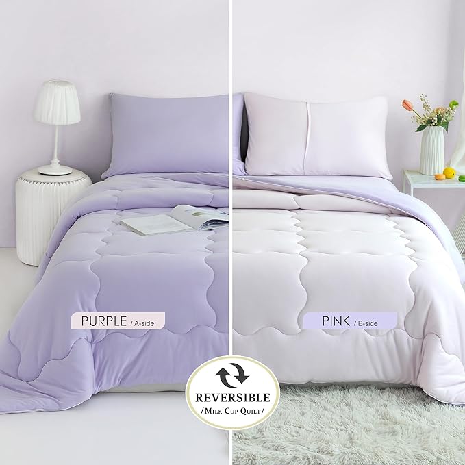 COTTEBED Reversible Softness Pink Purple Twin Comforters Sets for Girl Kids College Dorm, Cute Jersey Knit Lightweight Breathable Fluffy Cozy Comfy Bed Down Comforter Quilt for All Season Twin/Twin XL - LeafyLoom