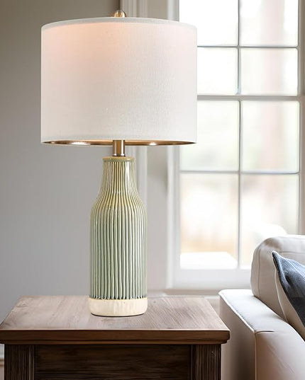 23.75" Modern Green Ceramic Table Lamp Set of 2 for Living Room, Farmhouse Bedside Nightstand Lamp for Bedroom Home Office Dorm - LeafyLoom