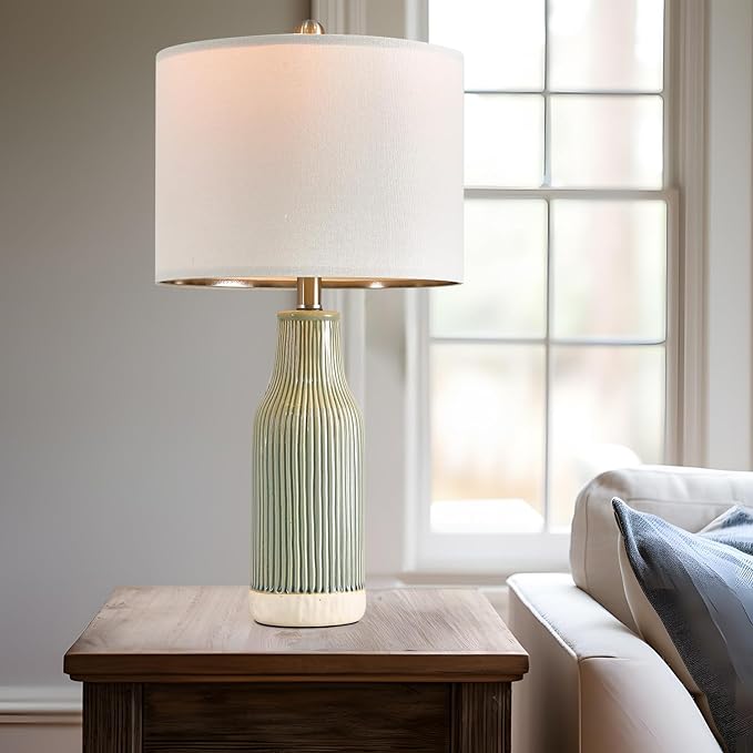 23.75" Modern Green Ceramic Table Lamp Set of 2 for Living Room, Farmhouse Bedside Nightstand Lamp for Bedroom Home Office Dorm - LeafyLoom