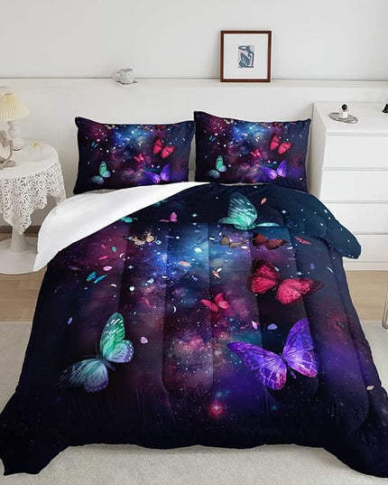 Butterfly Comforter Set for Girls Women,Colorful Butterflies in Space Galaxy Printed Black Bedding Set with 2 Pillowcases(Butterfly Galaxy Twin) - LeafyLoom