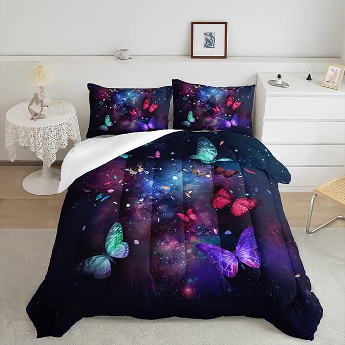 Butterfly Comforter Set for Girls Women,Colorful Butterflies in Space Galaxy Printed Black Bedding Set with 2 Pillowcases(Butterfly Galaxy Twin) - LeafyLoom