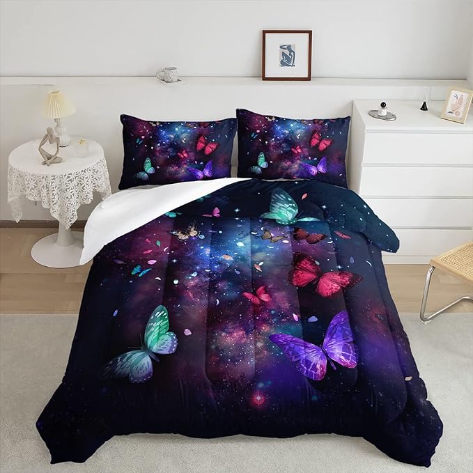 Datura home Butterfly Comforter Set for Girls Women,Colorful Butterflies in Space Galaxy Printed Black Bedding Set with 2 Pillowcases(Butterfly Galaxy Full) - LeafyLoom