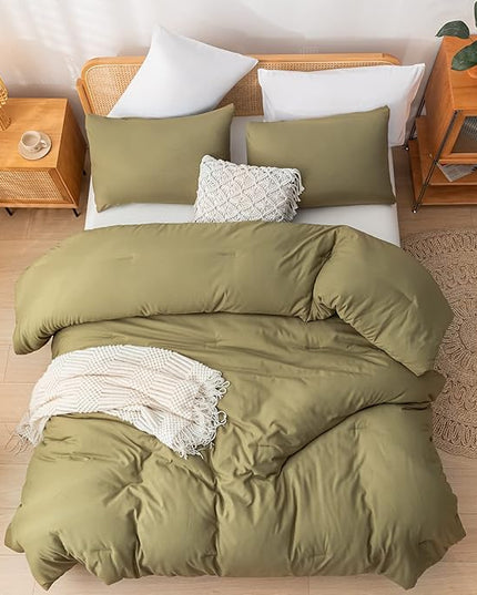 Olive Green Queen Comforter Set 3PCS Farmhouse Bed Comforter Set Queen Size Soft Lightweight Down Alternative Microfiber Comforter for All Season (1 Comforter, 2 Pillowcases) - LeafyLoom