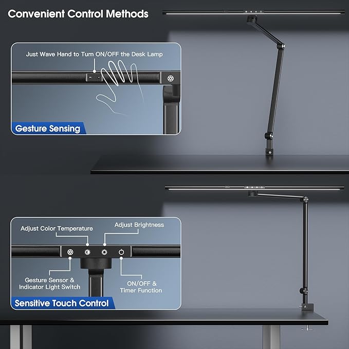 Desk Lamp for Office Home, Desk Light with Clamp, 24W Ultra Bright with Gesture Sensing, Adjustable Brightness & Color Temperature, Monitor Light, Task Light, Table Lamp for Work Study,Black - LeafyLoom