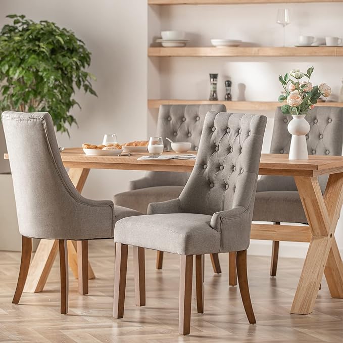 COLAMY Wingback Upholstered Dining Chairs Set of 2, Fabric Side Dining Room Chairs with Tufted Button, Living Room Chairs for Home Kitchen- Light Grey - LeafyLoom