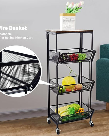 Slim Rolling Storage Cart,4 Tier Kitchen Storage Cart on Wheels,Small Metal Rolling Cart with Wooden Tabletop for Narrow Space in Kitchen,Bathroom,Laundry/Dining/Living Room,Office - LeafyLoom