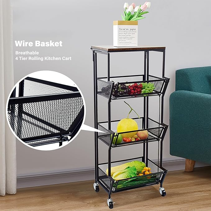 Slim Rolling Storage Cart,4 Tier Kitchen Storage Cart on Wheels,Small Metal Rolling Cart with Wooden Tabletop for Narrow Space in Kitchen,Bathroom,Laundry/Dining/Living Room,Office - LeafyLoom