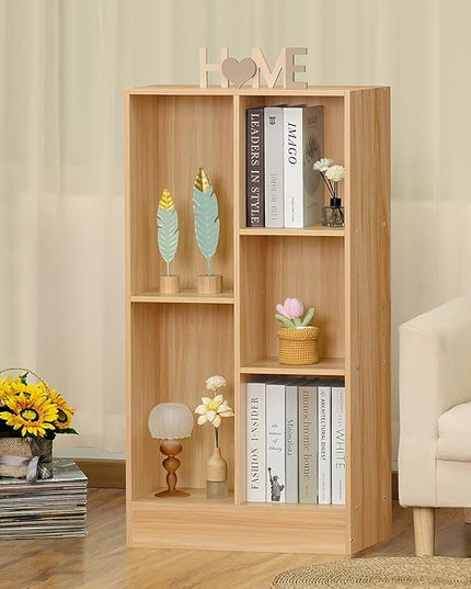 LEYAOYAO 5 Cube Mid-Century Modern Natural Wood Bookshelf with Base, 3 Tier Storage Organizer Shelf, Rustic Wood Display Cabinet for Bedroom, Living Room, Office - LeafyLoom