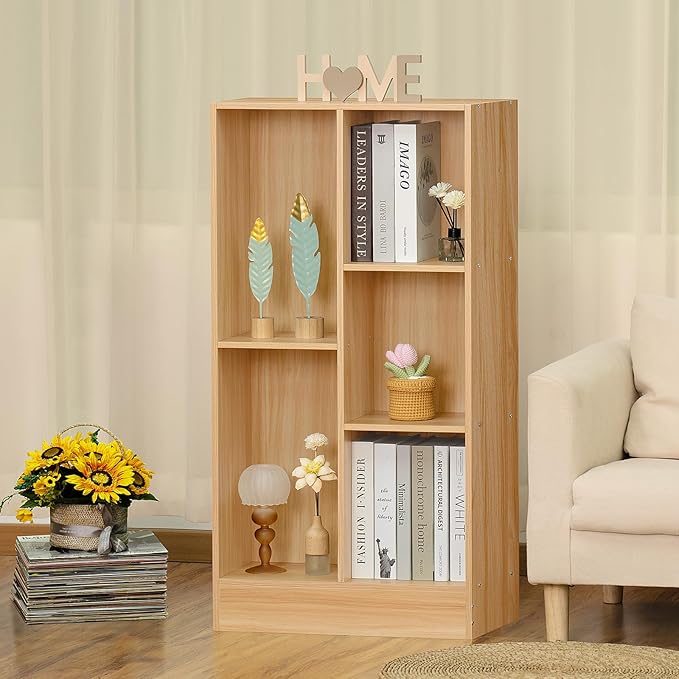 LEYAOYAO 5 Cube Mid-Century Modern Natural Wood Bookshelf with Base, 3 Tier Storage Organizer Shelf, Rustic Wood Display Cabinet for Bedroom, Living Room, Office - LeafyLoom