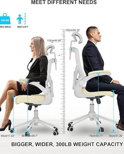 𝑯𝑶𝑴𝑬 𝑶𝑭𝑭𝑰𝑪𝑬 𝑪𝑯𝑨𝑰𝑹, Ergonomic Mesh Desk Chair, High Back Computer Chair- Adjustable Headrest with Flip-Up Arms, Lumbar Support, Swivel Executive Task Chair (Modern, Beige) - LeafyLoom