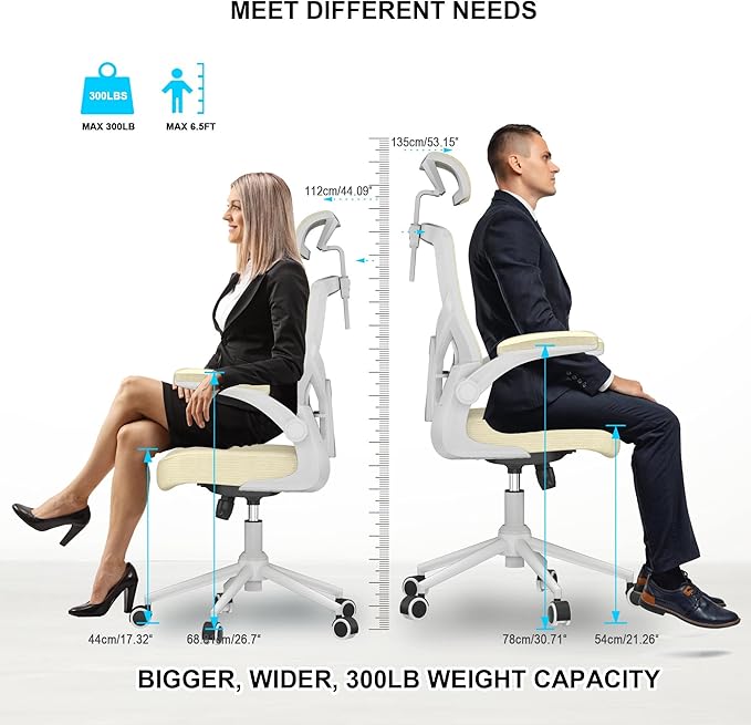 𝑯𝑶𝑴𝑬 𝑶𝑭𝑭𝑰𝑪𝑬 𝑪𝑯𝑨𝑰𝑹, Ergonomic Mesh Desk Chair, High Back Computer Chair- Adjustable Headrest with Flip-Up Arms, Lumbar Support, Swivel Executive Task Chair (Modern, Beige) - LeafyLoom