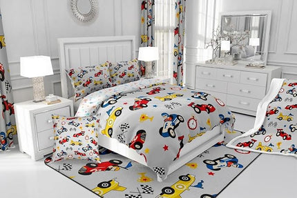 Feelyou Kids Cartoon Car Comforter Set Full Size Racing Car Bedding Set for Boys Girls Teen Kids Children Home Decor Racing Car Comforter Race Cars Quilt Bed Set Red Grey Bedding Set for All Season - LeafyLoom