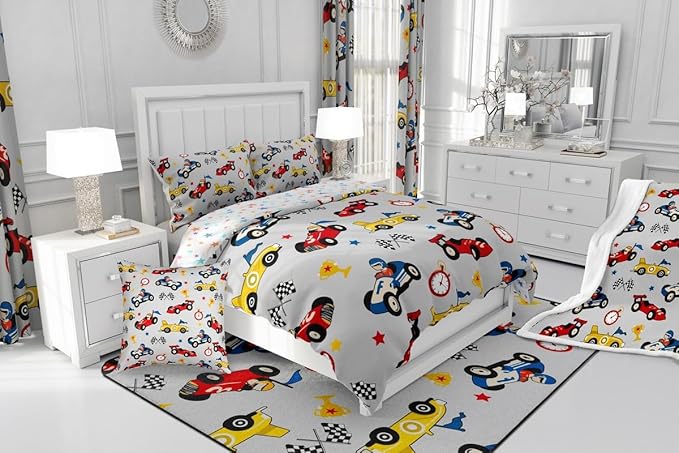 Feelyou Kids Cartoon Car Comforter Set Full Size Racing Car Bedding Set for Boys Girls Teen Kids Children Home Decor Racing Car Comforter Race Cars Quilt Bed Set Red Grey Bedding Set for All Season - LeafyLoom