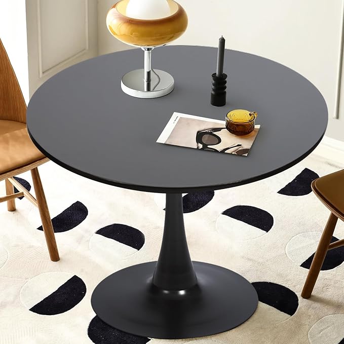 FurnitureR 31.5" Mid-Century Round Dining Table for 2-4 People with Pedestal Base for Home Office Living Room Kitchen Leisure, 31.5 inches, Black - LeafyLoom