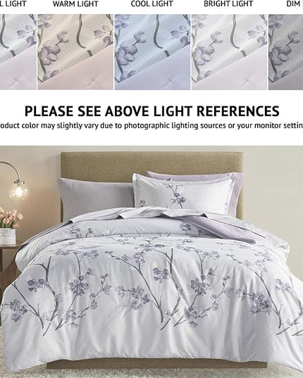 Comfort Spaces Bed in A Bag - Trendy Casual Design Cozy Comforter with Complete Sheet Set with Side Pocket, All Season Cover, Matching Shams Twin XL(66 in x 90 in), Kate, Grey/Purple 6 Piece - LeafyLoom