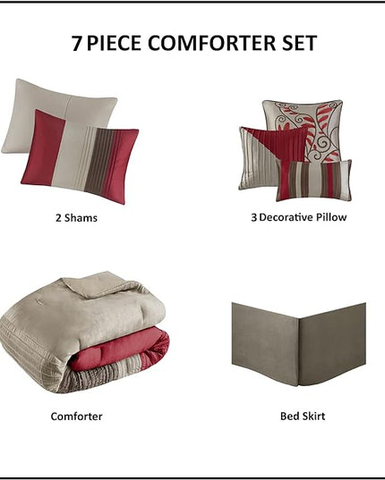 Madison Park Amherst Faux Silk Comforter Set-Casual Contemporary Design All Season Down Alternative Bedding, Matching Shams, Bedskirt, Decorative Pillows, Queen(90"x90"), Red, 7 Piece (MP10-037) - LeafyLoom