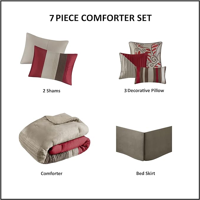 Madison Park Amherst Faux Silk Comforter Set-Casual Contemporary Design All Season Down Alternative Bedding, Matching Shams, Bedskirt, Decorative Pillows, Queen(90"x90"), Red, 7 Piece (MP10-037) - LeafyLoom