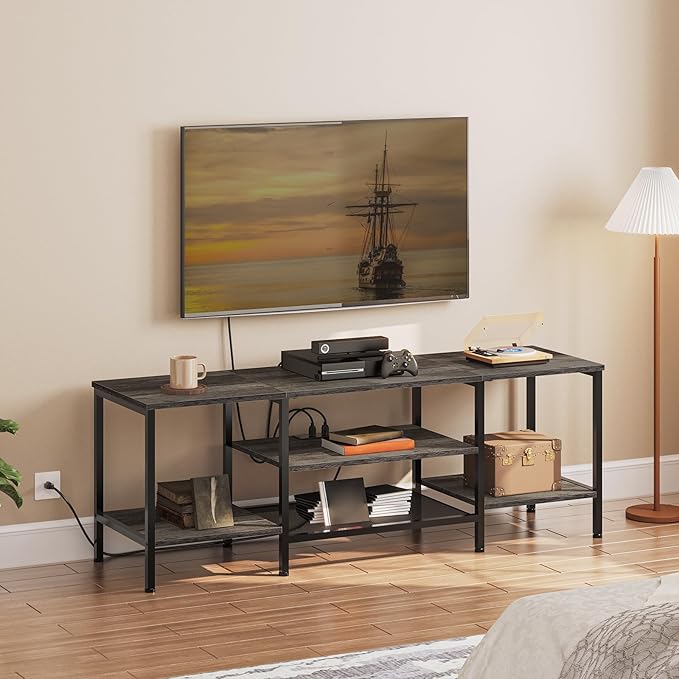 HOOBRO TV Stand with Power Outlets to 75 Inches, TV Console Table with Open Storage Shelves Cabinet, Industrial Media Entertainment Center for Living Room Bedroom, Charcoal Gray and Black BC60DS01 - LeafyLoom