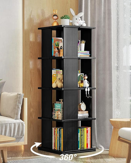 Rotating Bookshelf, 4-Shelf 360° Solid Wood Book shelf Tower, Stackable Revolving Bookcase Organizer for Living Room, Bedroom, Study(Black) - LeafyLoom