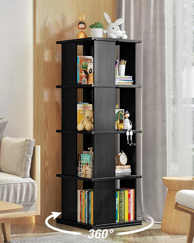 Rotating Bookshelf, 4-Shelf 360° Solid Wood Book shelf Tower, Stackable Revolving Bookcase Organizer for Living Room, Bedroom, Study(Black) - LeafyLoom