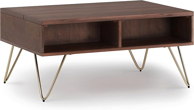 SIMPLIHOME Hunter SOLID MANGO WOOD and Metal 36 inch Wide Rectangle Industrial Contemporary Small Lift Top Coffee Table in Umber Brown And Gold, for the Living Room and Family Room - LeafyLoom