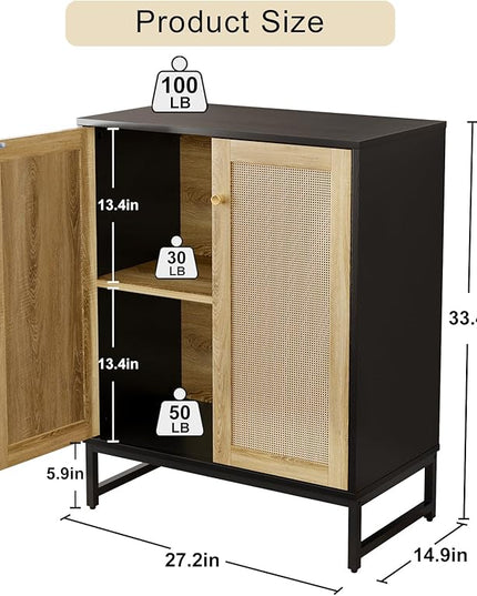 Sideboard Buffet Cabinet, Storage Cabinet with Double Rattan Doors, Modern Rattan Sideboard Cabinet, Kitchen Storage Cabinet with Metal Feet, for Entryway, Bedroom, Living Room (Black) - LeafyLoom
