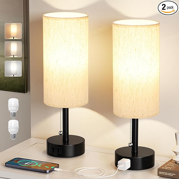 Bedside Table Lamps Set of 2 - 3 Color Temperatures Pull Chain Lamp with AC Outlet Charging Port, Two Round Night Stand Lamps for Bedroom Guest Room Office, Small Bed Side Light with E26 LED Bulbs - LeafyLoom
