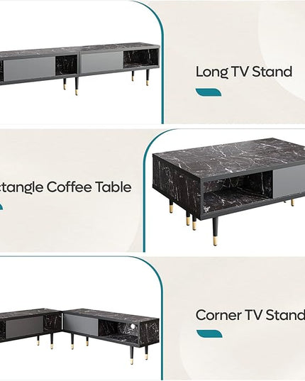 Bestier Mid Century Modern TV Stand for 85 inch tv, Entertainment Center with Storage and Sliding Doors, 2 in 1 Long TV Cabinet for Living Room, Black Marble - LeafyLoom