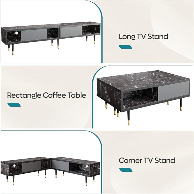 Bestier Mid Century Modern TV Stand for 85 inch tv, Entertainment Center with Storage and Sliding Doors, 2 in 1 Long TV Cabinet for Living Room, Black Marble - LeafyLoom