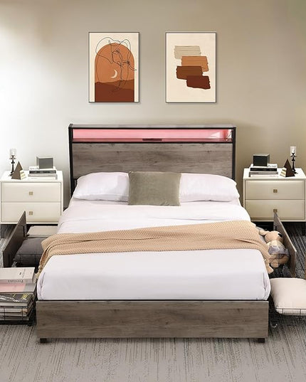 LED Full Bed Frame with 4 Storage Drawers & Charging Station, Platform Metal Bed Frame with Headboard, Noise-Free, No Box Spring Needed, Ancient gray - LeafyLoom