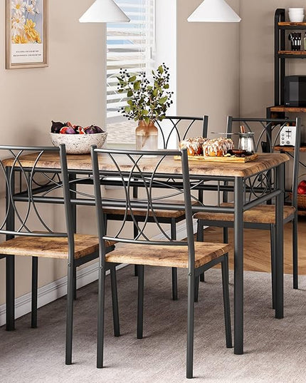 Kitchen Table and Chairs, Dining Room Table Set for 4 with Chairs, Kitchen Table Set Metal and Wood Rectangular Dining Table for Small Space, Apartment, Breakfast, Rustic Brown - LeafyLoom