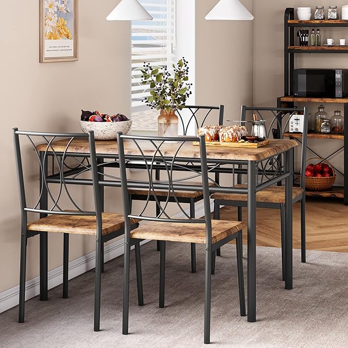 Kitchen Table and Chairs, Dining Room Table Set for 4 with Chairs, Kitchen Table Set Metal and Wood Rectangular Dining Table for Small Space, Apartment, Breakfast, Rustic Brown - LeafyLoom