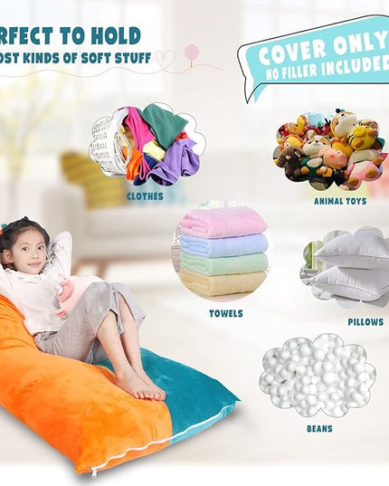 Stuffed Animal Storage Bean Bag Chair Cover, Velvet Turquoise Orange Plush Toy Storage Stuff and Sit Seat for Kids/Teens/Adults, 52" x 31" Extra Large Triangle Sofa, 200L/52Gal, Cover Only - LeafyLoom