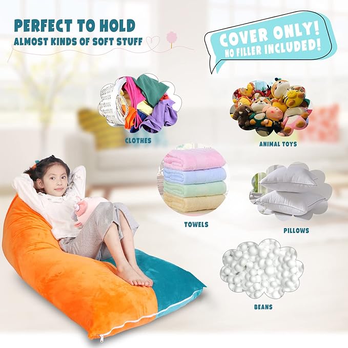 Stuffed Animal Storage Bean Bag Chair Cover, Velvet Turquoise Orange Plush Toy Storage Stuff and Sit Seat for Kids/Teens/Adults, 52" x 31" Extra Large Triangle Sofa, 200L/52Gal, Cover Only - LeafyLoom