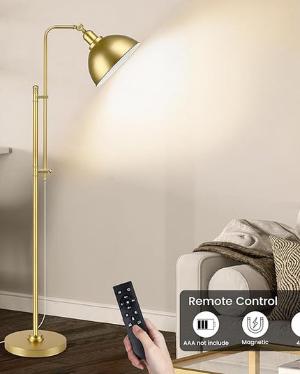 PARTPHONER Industrial Floor Lamp Adjustable, Rustic Farmhouse Reading Lamp in Aged Gold Finish, Modern Standing Lamp with Remote Control Metal Shade for Living Room Bedroom Study Room Office Hotel - LeafyLoom