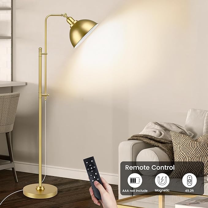 PARTPHONER Industrial Floor Lamp Adjustable, Rustic Farmhouse Reading Lamp in Aged Gold Finish, Modern Standing Lamp with Remote Control Metal Shade for Living Room Bedroom Study Room Office Hotel - LeafyLoom
