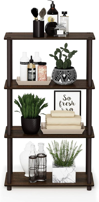 Furinno Turn-N-Tube 4-Tier Multipurpose Shelf Display Rack, Round Tubes, Walnut/Brown - LeafyLoom
