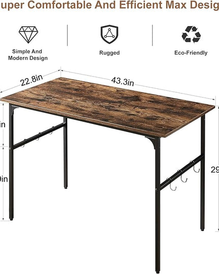 VECELO 44 Inch Computer Stable Writing Study Work 6 Hooks Adjustable Feet Wooden Desk for Home,Bedroom,Rusic Brown, 44Inches - LeafyLoom