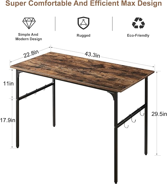 VECELO 44 Inch Computer Stable Writing Study Work 6 Hooks Adjustable Feet Wooden Desk for Home,Bedroom,Rusic Brown, 44Inches - LeafyLoom