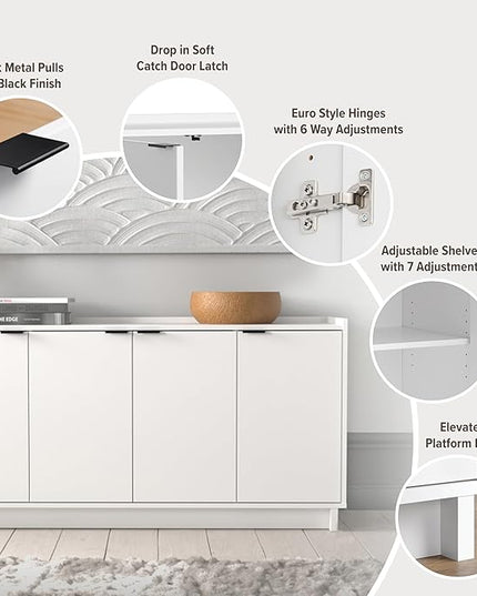 Prepac Simply Modern 4 Console Table, White Doors and Shelves, Sideboard Storage Cabinet, 60" W x 30" H x 16" D - LeafyLoom