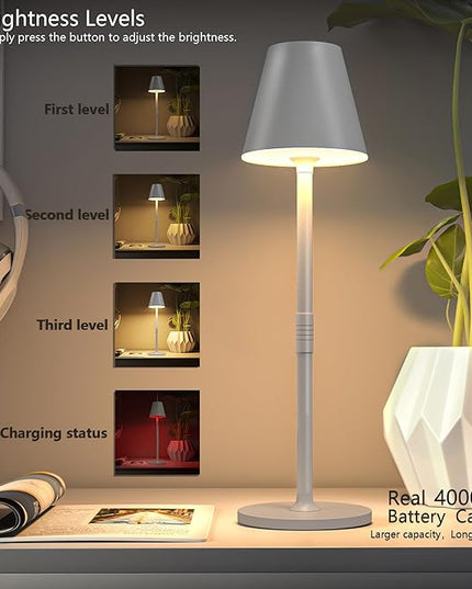 Modern LED Cordless Table Lamp, 4000mAh Rechargeable Battery, 3 Level Brightness Night Light, Metal Shell, Minimalist Design, for Couples Dinner/Coffee Table/Restaurant/Bedroom, White - LeafyLoom