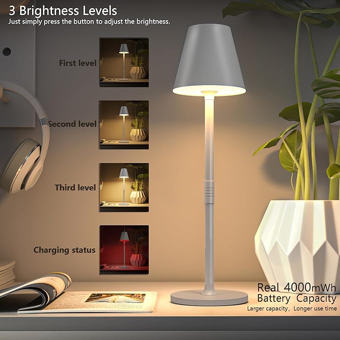 Modern LED Cordless Table Lamp, 4000mAh Rechargeable Battery, 3 Level Brightness Night Light, Metal Shell, Minimalist Design, for Couples Dinner/Coffee Table/Restaurant/Bedroom, White - LeafyLoom
