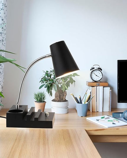 Study Desk Lamp with USB Charging and Type-C Night Light, Gooseneck LED Table Lamp Stepless Dimming Study Table Lamp with Pen Holder for College Dorm Bedroom and Office (Black) - LeafyLoom