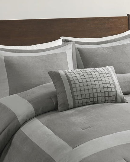 Madison Park Darcey Cozy Comforter Set, Faux Suede, Deluxe Hotel Styling All Season Down Alternative Bedding Matching Shams, Decorative Pillow, Full/Queen(90 in x 90 in), Border Grey 4 Piece - LeafyLoom