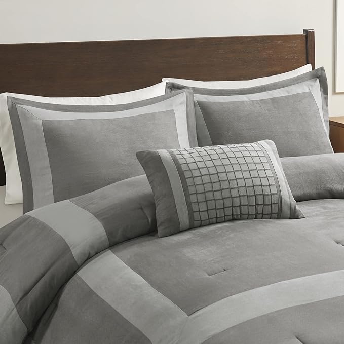 Madison Park Darcey Cozy Comforter Set, Faux Suede, Deluxe Hotel Styling All Season Down Alternative Bedding Matching Shams, Decorative Pillow, Full/Queen(90 in x 90 in), Border Grey 4 Piece - LeafyLoom